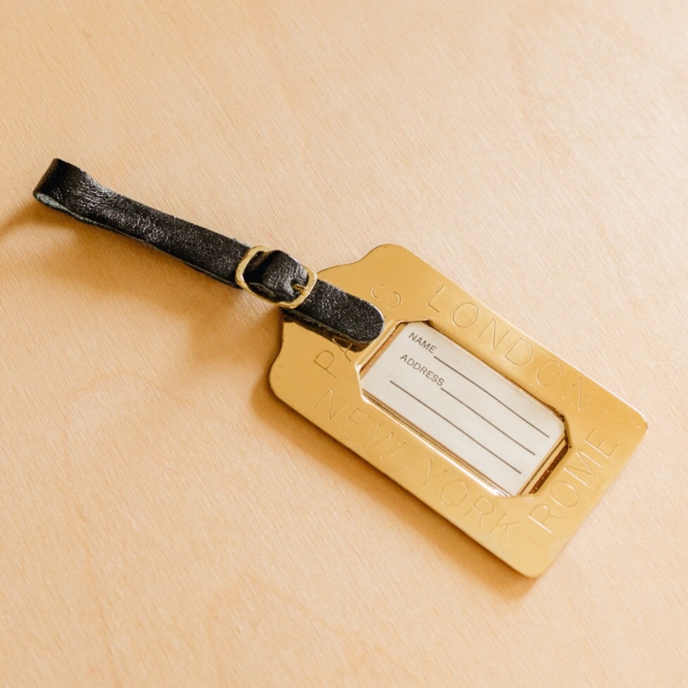 Vintage Gold Etched Luggage Tag w Leather Strap